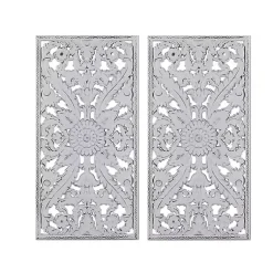 Kirklands Home Botanical Wood Carved Panel Wall Plaques, Set of 2 White Clearance