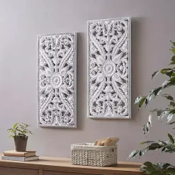 Kirklands Home Botanical Wood Carved Panel Wall Plaques, Set of 2 White Clearance