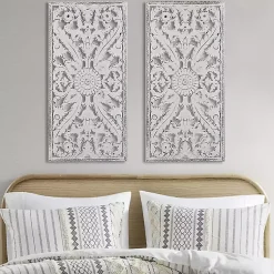Kirklands Home Botanical Wood Carved Panel Wall Plaques, Set of 2 White Clearance