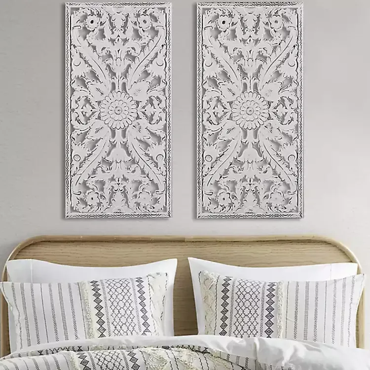 Kirklands Home Botanical Wood Carved Panel Wall Plaques, Set of 2 White Clearance