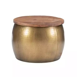 Kirklands Home Brass Hammered Drum Storage Coffee Table Brown
