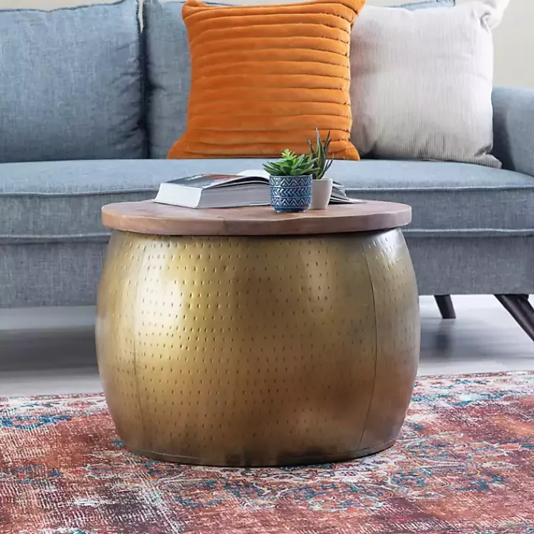Kirklands Home Brass Hammered Drum Storage Coffee Table Brown