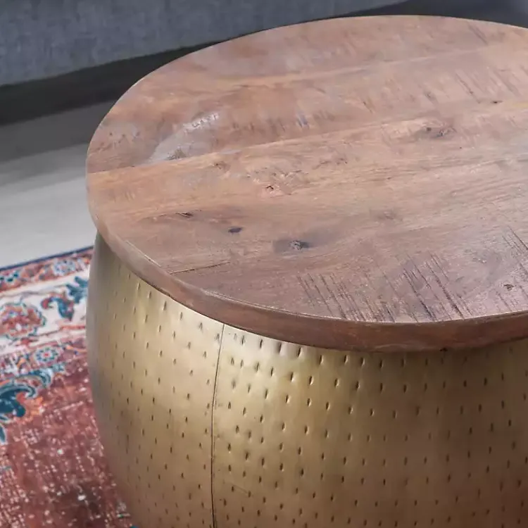 Kirklands Home Brass Hammered Drum Storage Coffee Table Brown