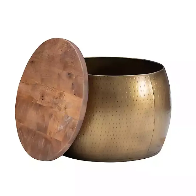 Kirklands Home Brass Hammered Drum Storage Coffee Table Brown