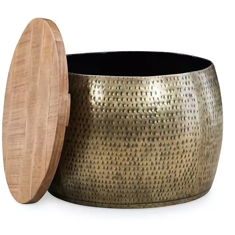 Kirklands Home Brass Hammered Drum Storage Coffee Table Brown