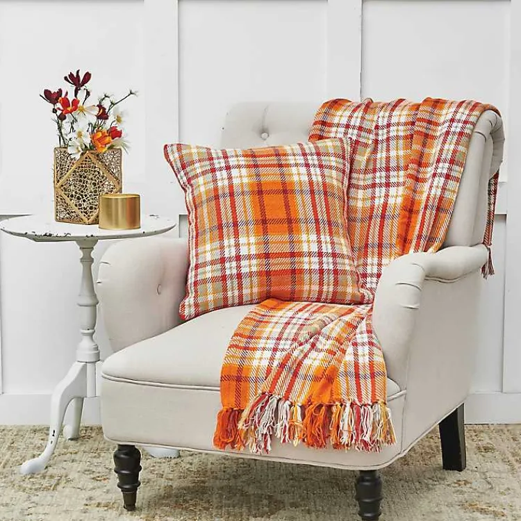 Blankets & Throws>Kirklands Home Bright Orange Harvest Plaid Throw