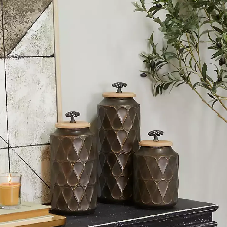 Decorative Bowls & Jars>Kirklands Home Bronze Metal Lattice Grid Jars, Set of 3 Brown