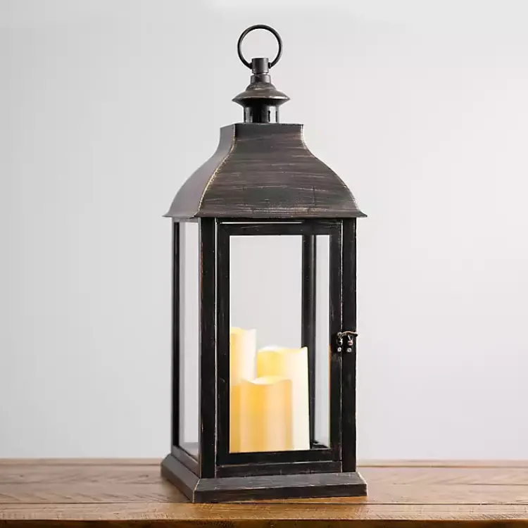 Lanterns>Kirklands Home Bronze Plastic Lantern with LED Pillar Candles Brown