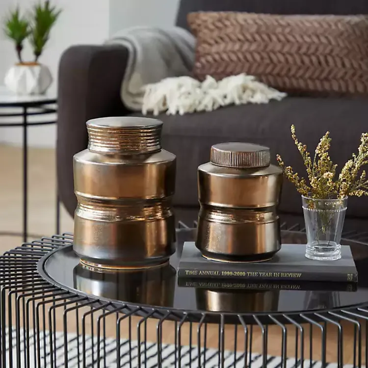 Decorative Bowls & Jars>Kirklands Home Bronze Ribbed Ceramic Jars, Set of 2 Brown