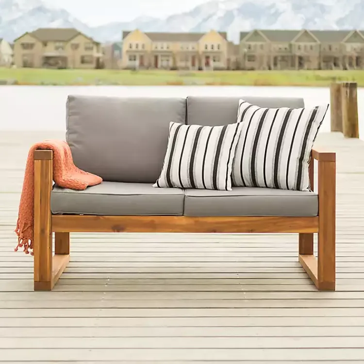 Kirklands Home Brown Acacia Outdoor Loveseat with Cushions Gray Hot
