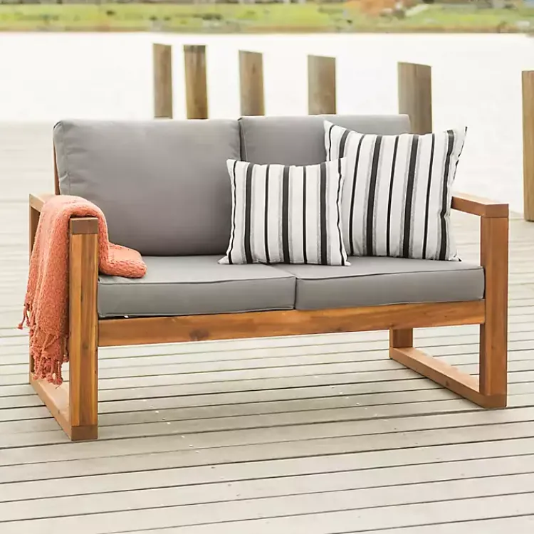 Kirklands Home Brown Acacia Outdoor Loveseat with Cushions Gray Hot