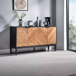 Kirklands Home Brown and Black Wood Chevron 4-Door Sideboard New