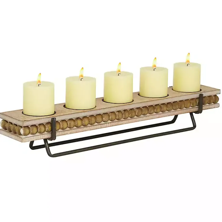 Candle Holders>Kirklands Home Beaded Wood and Metal Base Candle Holder Brown