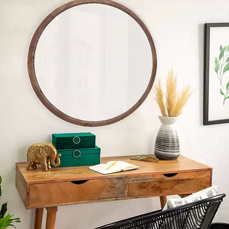 Kirklands Home Brown Fir Wood Round Wall Mirror Best