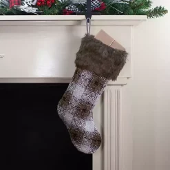 Christmas Stockings & Stocking Holders>Kirklands Home Brown Knitted Plaid Fur Cuff Stocking