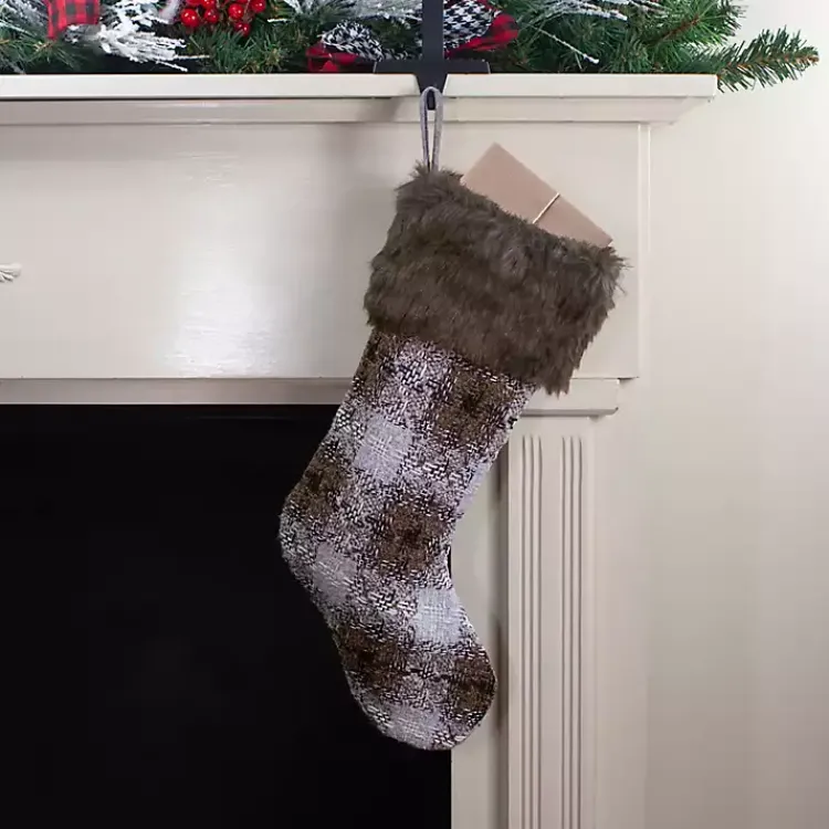 Christmas Stockings & Stocking Holders>Kirklands Home Brown Knitted Plaid Fur Cuff Stocking