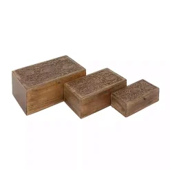 Baskets & Boxes>Kirklands Home Mango Wood Carved Boxes, Set of 3 Brown