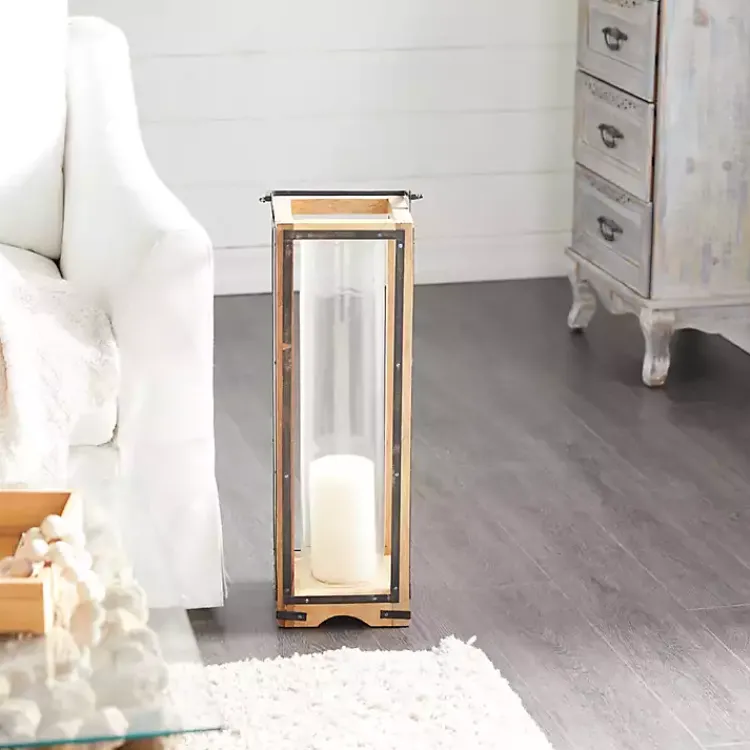 Lanterns>Kirklands Home Mango Wood Frame Lantern, 31 in. Brown