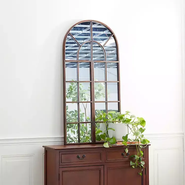 Kirklands Home Metal Arch Frame Windowpane Wall Mirror Brown Discount