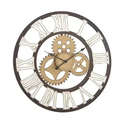 Kirklands Home Brown Metal Open Face Gold Gears Wall Clock New