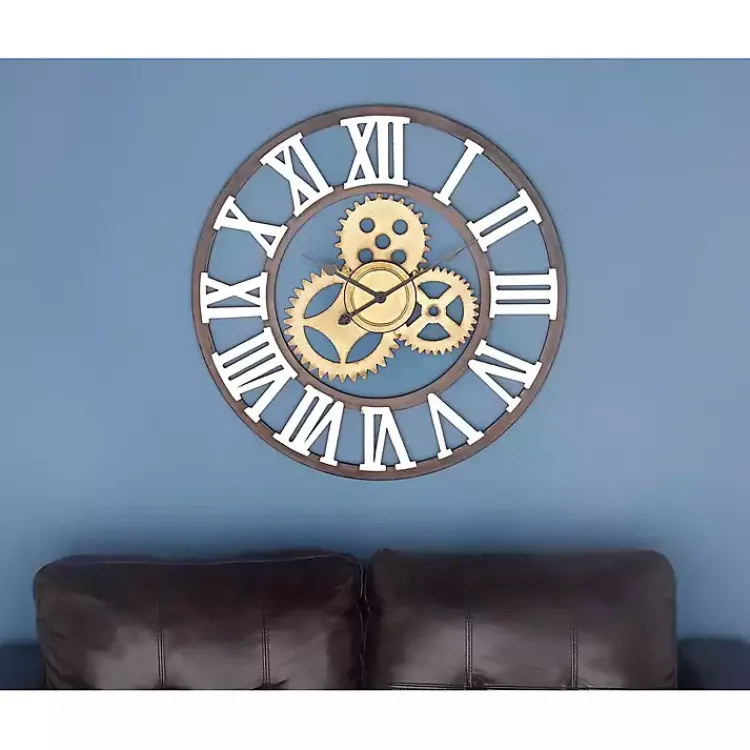 Kirklands Home Brown Metal Open Face Gold Gears Wall Clock New