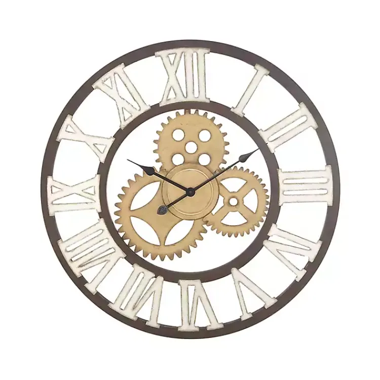 Kirklands Home Brown Metal Open Face Gold Gears Wall Clock New