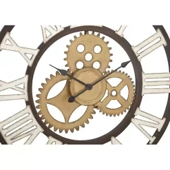 Kirklands Home Brown Metal Open Face Gold Gears Wall Clock New