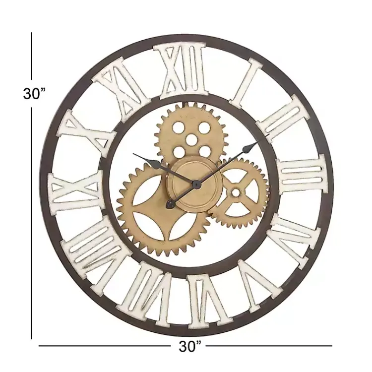 Kirklands Home Brown Metal Open Face Gold Gears Wall Clock New