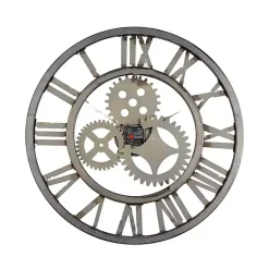 Kirklands Home Brown Metal Open Face Gold Gears Wall Clock New