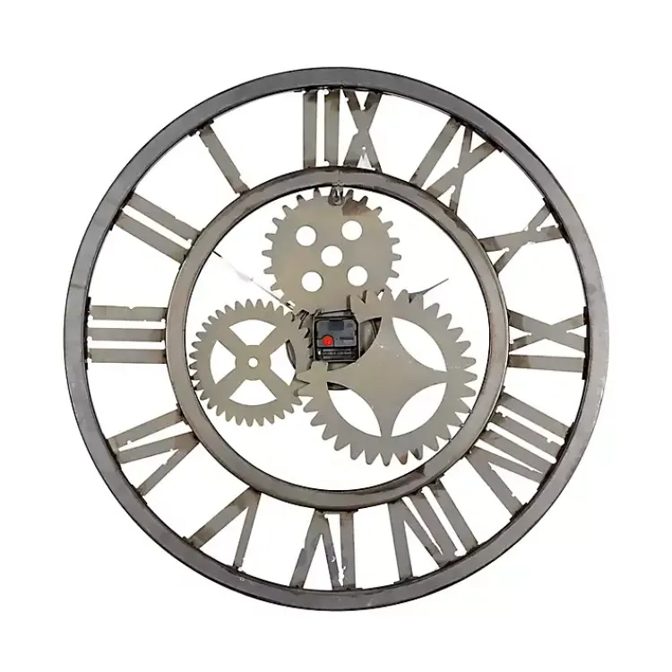 Kirklands Home Brown Metal Open Face Gold Gears Wall Clock New