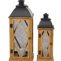 Lanterns>Kirklands Home Brown Wood and Black Mesh Lanterns, Set of 2