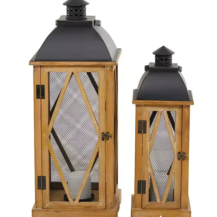 Lanterns>Kirklands Home Brown Wood and Black Mesh Lanterns, Set of 2