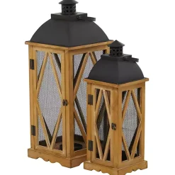 Lanterns>Kirklands Home Brown Wood and Black Mesh Lanterns, Set of 2