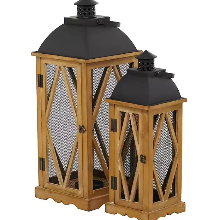 Lanterns>Kirklands Home Brown Wood and Black Mesh Lanterns, Set of 2