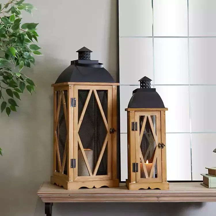 Lanterns>Kirklands Home Brown Wood and Black Mesh Lanterns, Set of 2