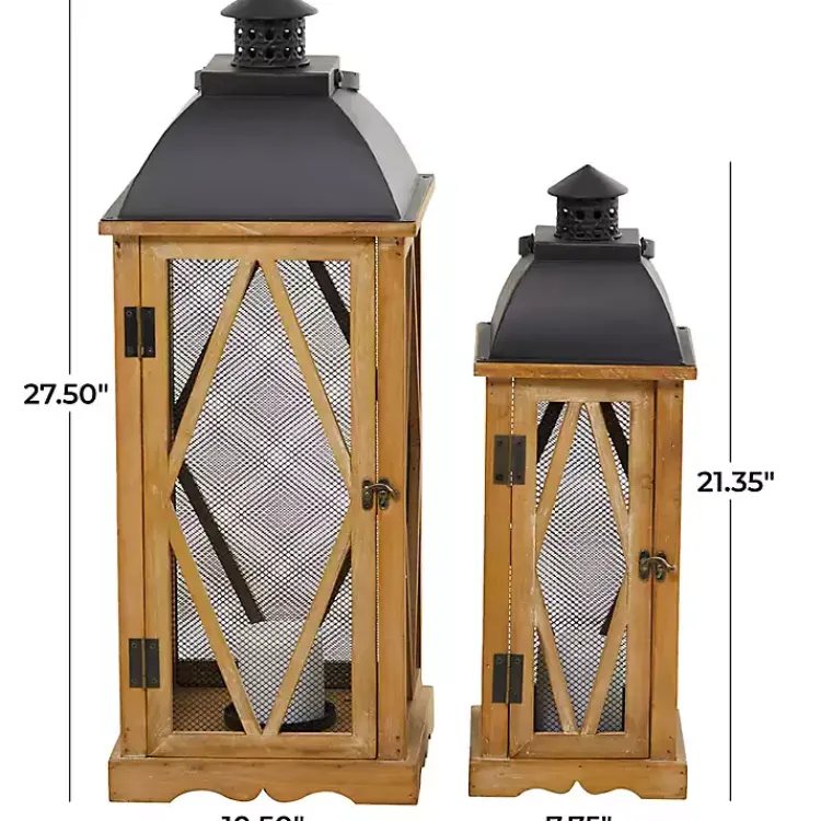 Lanterns>Kirklands Home Brown Wood and Black Mesh Lanterns, Set of 2