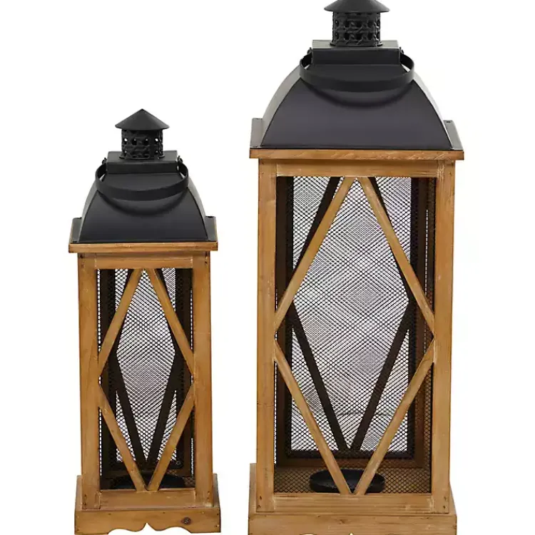 Lanterns>Kirklands Home Brown Wood and Black Mesh Lanterns, Set of 2