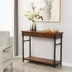 Kirklands Home Brown Wood and Black Metal Ruth Console Table Outlet