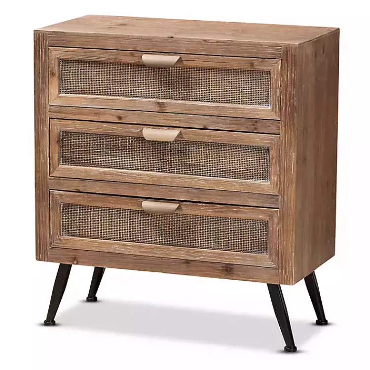 Kirklands Home Wood and Rattan 3-Drawer Cabinet Brown New