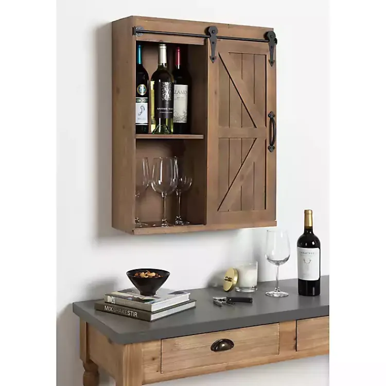 Kirklands Home Wood Barn Door 5-Shelf Wall Cabinet Brown Clearance