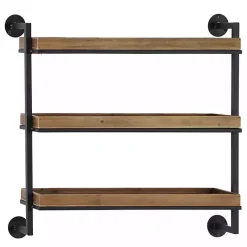 Kirklands Home Brown Wood Black Metal Pipe Frame Wall Shelf New