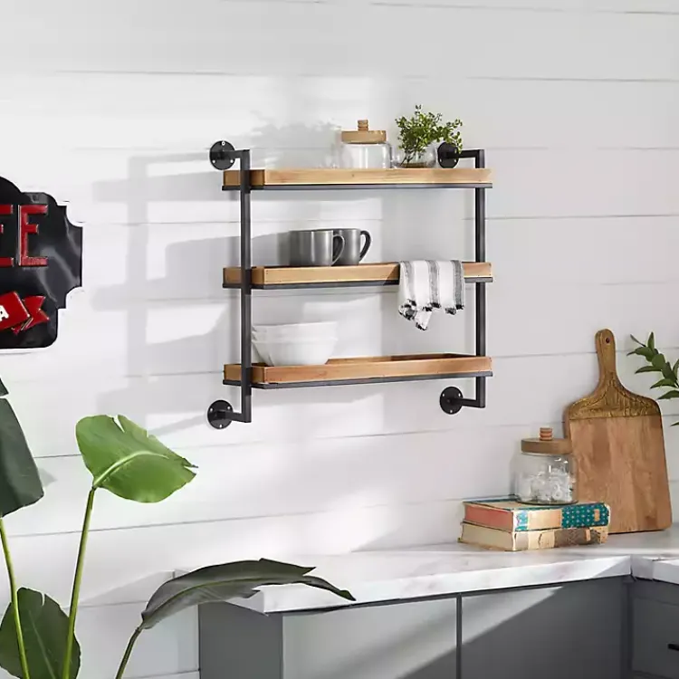 Kirklands Home Brown Wood Black Metal Pipe Frame Wall Shelf New