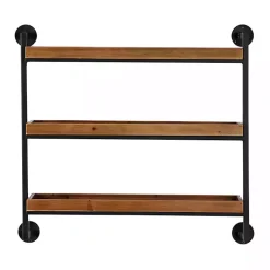 Kirklands Home Brown Wood Black Metal Pipe Frame Wall Shelf New
