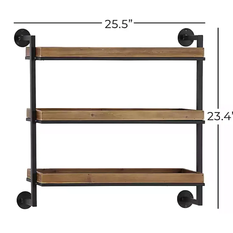 Kirklands Home Brown Wood Black Metal Pipe Frame Wall Shelf New