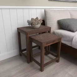 Kirklands Home Wood Carved Floral Nesting Tables, Set of 2 Brown