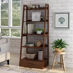Kirklands Home Wood 5-Shelf Leaning Bookshelf Brown