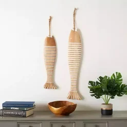 Kirklands Home Wood Striped Fish Wall Plaques, Set of 2 Brown Clearance