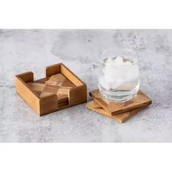 Kirklands Home Wood Tile Coasters and Holder, Set of 5 Brown Discount
