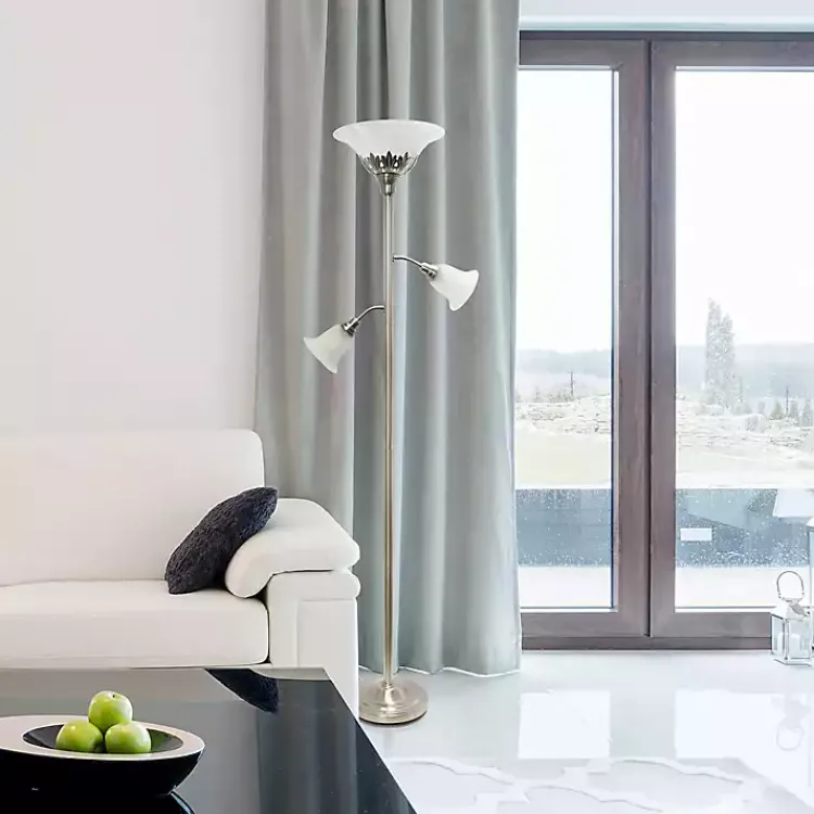 Kirklands Home Brushed Nickel 3-Scallop Glass Floor Lamp Gray New