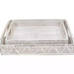 Decorative Trays>Kirklands Home Brushed Chevron Carved Trays, Set of 2 White